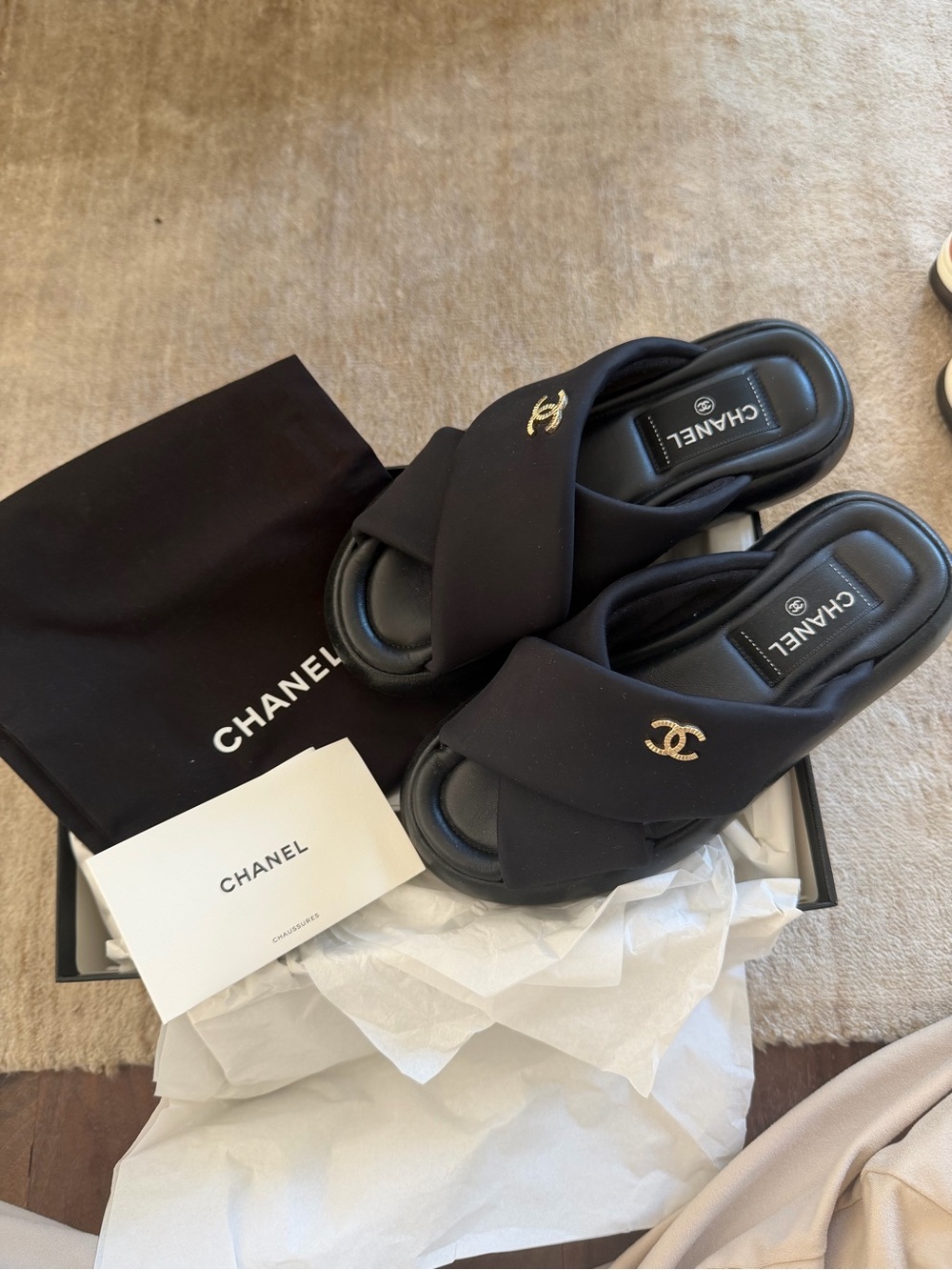 CHANEL Black Quilted Crisscross Slide Mules with Gold CC